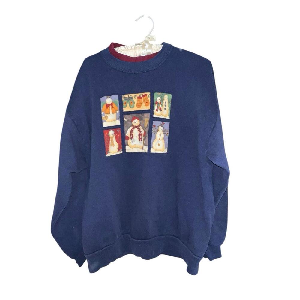 Vintage 90s Christmas Snowman Holiday Sweatshirt Grandma Core Navy L